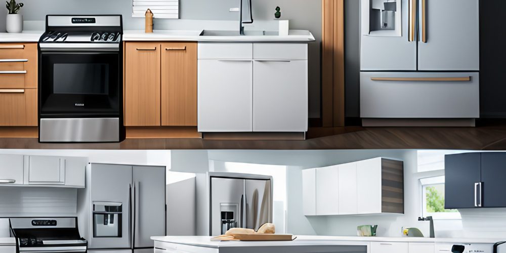 An assortment of home appliances including a refrigerator, washing machine, and HVAC system, symbolizing different warranties available.