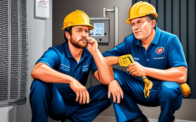 Digital painting of A/C Pros HVAC team expertly repairing a heat pump